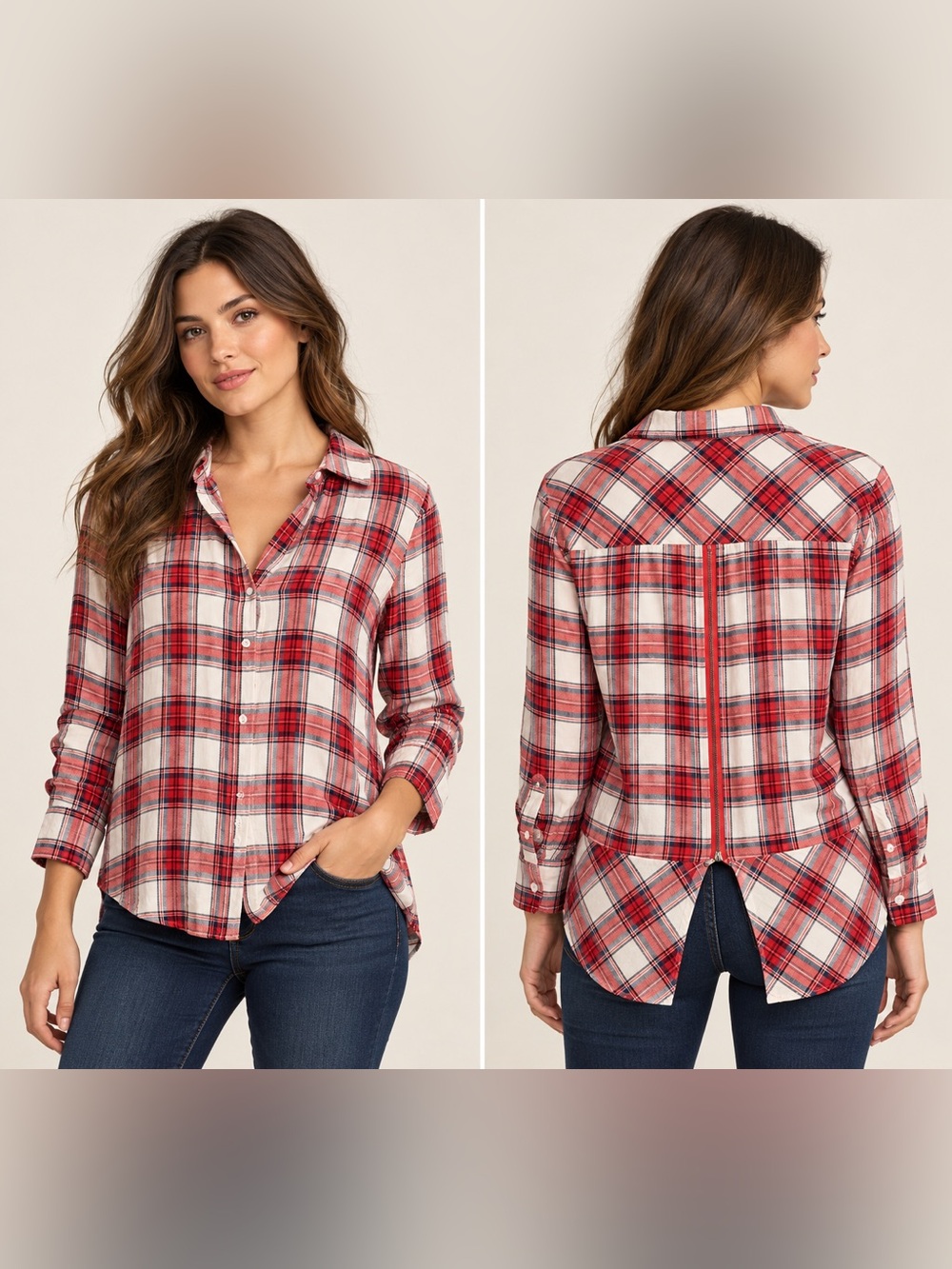 Sam Edelman Plaid Shirt Womens L Red Navy Rayon Zip Back High Low Grunge Blouse.